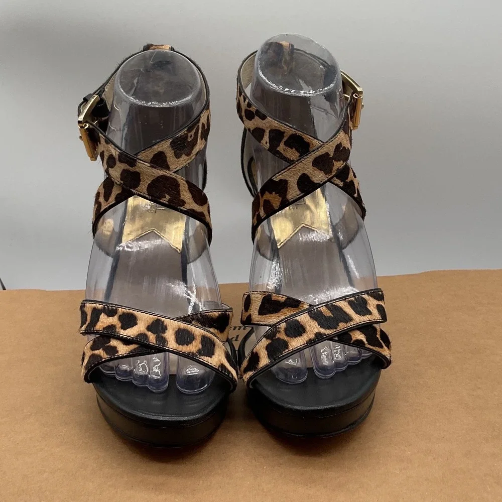 Michael Kors Leopard Calf Hair Platform Sandals Brown‎ Black Stiletto Heels 8M